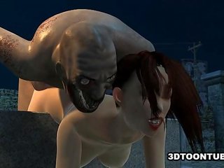 Gjoksmadhe 3d vizatimore diva duke fucked i vështirë nga një zombi